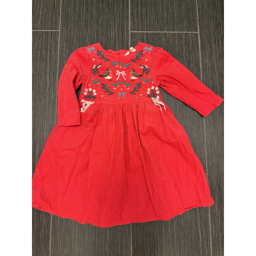 Mini Boden Embroidered Corduroy Holiday Party Dress Sz 9-10 Y Velvet Bow Pockets